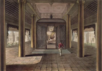 Un soldado de pie en un templo de Rangún, grabado por George Hunt, 1825