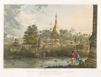 Vista de la Gran Pagoda Dagon en Rangún desde el oeste, grabado por Henry Pyall (1795-1833) 1825-26