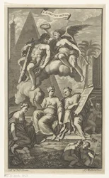Hércules coronado por Victoria CD. Bruyns Reysen (título sobre objeto) Página de título para: Cornelis de Bruyn, Reizen, 1698