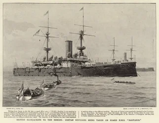 Marineros británicos al rescate, refugiados cretenses siendo llevados a bordo del HMS Barfleur