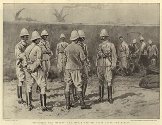 Discutiendo la victoria, el Sirdar y su estado mayor después de la batalla