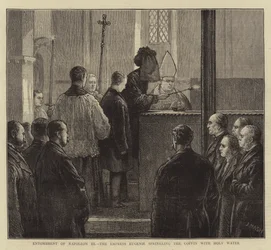 Entierro de Napoleón III, la Emperatriz Eugenia rociando el ataúd con agua bendita