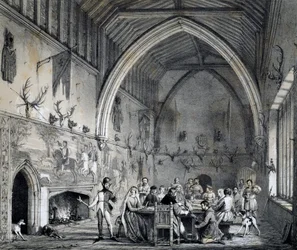 Salón en Moat House Ightham con banquete, Kent, grabado de Mansiones de Inglaterra en tiempos antiguos
