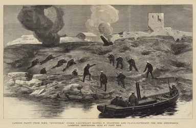 El bombardeo de Alejandría, grupo de desembarco del HMS Invincible, bajo el mando del teniente Barton R. Bradford y el teniente de bandera el honorable Hedworth Lambton destruyendo cañones en el Fuerte Mex