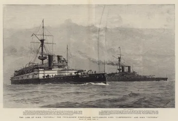 La pérdida del HMS Victoria, los acorazados de primera clase de doble hélice HMS Camperdown y HMS Victoria