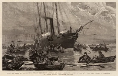 Con el escuadrón de socorro del Duque de Edimburgo, llegada del HMS Goshawk con suministros en la costa oeste de Irlanda entre las islas Achill y Clare