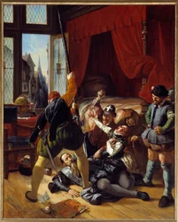 Guerra de religión: “Escena de la San Bartolomé, asesinato de Briou, gobernador del Príncipe de Conti, 24/08/1572”. Pintura de Joseph Nicolas Robert-Fleury (1797-1890) 1833