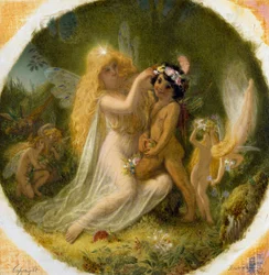 "Titania, princesa de los dioses de las hadas, y el joven indio que ha convertido en su paje" Ilustración para "Sueño de una noche de verano" de William Shakespeare. Pintura de Joseph Noel Paton (1821-1901) Colección privada