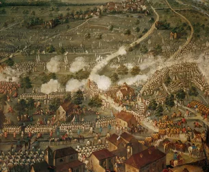 Guerra de Sucesión española : tropas imperiales al mando del príncipe Eugenio de Saboya derrotan a las tropas francesas en la batalla de Malplaquet ...