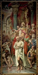 El bautismo del rey de los francos Clodoveo I (466-511) en Reims por el obispo san Remigio el 25/12/496 (o 499). Pintura de Joseph Blanc (1846-1904), siglo XIX, París, Panteón