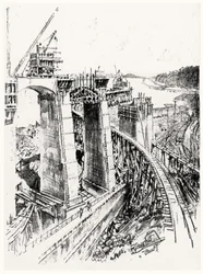 Enfoques hacia la esclusa de Gatún, lámina VI de El Canal de Panamá por Joseph Pennell, 1912