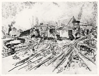 Construcción de la esclusa de Miraflores, lámina XXI de El Canal de Panamá por Joseph Pennell, 1912
