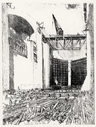 Colocación del suelo: esclusa de Pedro Miguel, lámina XVIII de El Canal de Panamá por Joseph Pennell, 14 de febrero de 1912