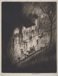 Noche lluviosa, tiendas de Charing Cross