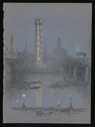 Torre de disparo con luces nocturnas, desde el malecón