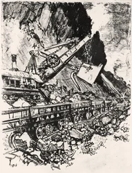 Trabajo con pala de vapor: corte de Culebra, lámina XIV de El Canal de Panamá por Joseph Pennell, 1912