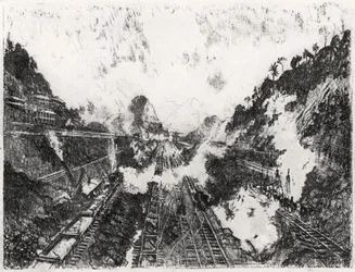 El corte mirando hacia la colina de Ancón, lámina XVII de El Canal de Panamá por Joseph Pennell, 1912