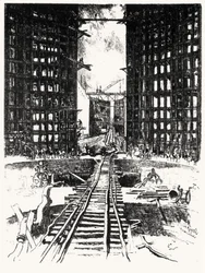 Las puertas de Pedro Miguel, lámina XIX de El Canal de Panamá por Joseph Pennell, 1912