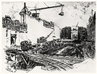 Las paredes de Pedro Miguel, lámina XX de El Canal de Panamá por Joseph Pennell, 1912