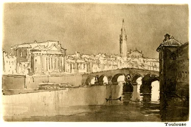 Toulouse, el Garona. Grabado sobre acuarela de Joseph Pennell (1857-1926) que ilustra el libro de Henry James "A little tour in France" edición Heinemann 1900 (títulos en francés: "Voyage en France" y "Un petit tour en Languedoc").