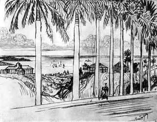 Vista desde la colina de Ancón, lámina XXV de El Canal de Panamá por Joseph Pennell, 1912