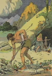 Adán, labrando la tierra, tras la expulsión del Jardín del Edén (litografía en color)