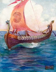 Los guerreros avanzaron sobre el mar azul (litografía en color)