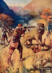 Un gran león saltó sobre uno de los hombres, 1909