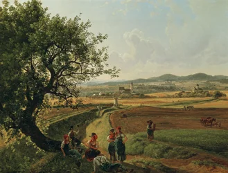 Vista de la finca de Emmersdorf y el castillo de Rothenhof con la abadía de Melk al fondo