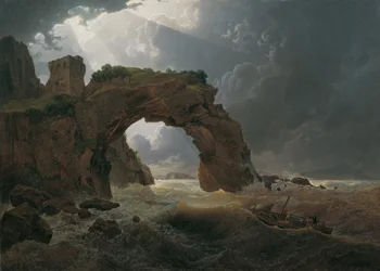 Tormenta marina en el Arco di Miseno cerca de Miliscola con miras hacia Nisida