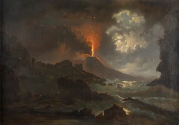 Erupción del Vesubio de noche con vista de la Scuola di Virgilio