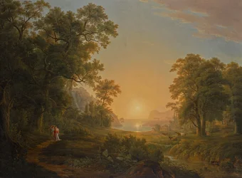 Paisaje de bosque con salida del sol