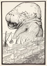 El animal que salió del mar y se comió toda la comida que Suleiman-bin-Daoud había preparado para todos los animales del mundo, ilustración de Just So Stories for Little Children de Rudyard Kipling