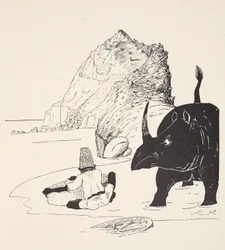 El parsi comenzando a comer su pastel en la isla deshabitada, ilustración de 