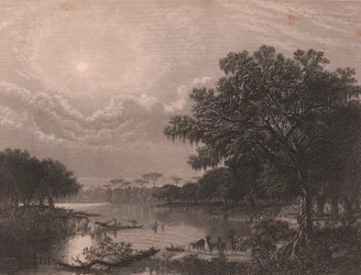 Bayou de Luisiana, Estados Unidos, grabado en acero de Robert Hinshelwood (1812-después de 1875) según pintura de Joseph Rusling Meeker (1827-1889), 16x18 cm aprox.
