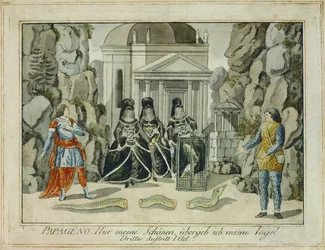 Tamino y Papageno con las tres damas ... (grabado)