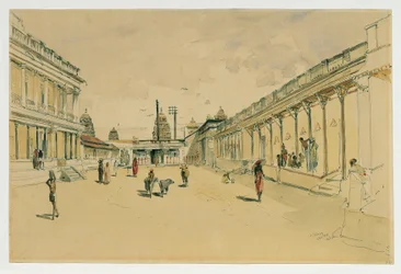 Calle en Madrás con un templo