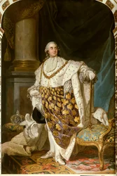 Retrato de cuerpo entero del Rey de Francia Luis XVI en traje de coronación (1754-1793) Lleva el collar de la Orden del Espíritu Santo - Pintura del taller de Joseph Siffred Duplessis (1725-1802)