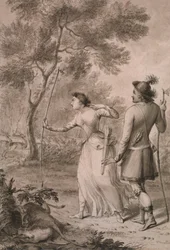 Robin Hood y Clarinda cazando ciervos