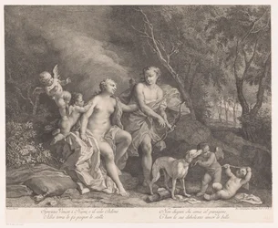 Venus y Adonis como amantes con cuatro amorcillos