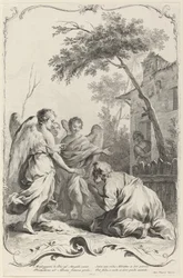 Abraham arrodillado ante los tres ángeles