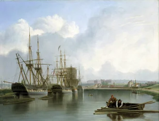 Descripción de los muelles de Bristol (Inglaterra), con barcos indios que comercian y transportan madera americana, y cargas de madera flotando en el agua con dos hombres en un bote recogiéndolas con anzuelo y garfio.