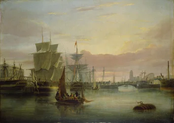 El puerto flotante, Bristol, con el puente de Prince Street