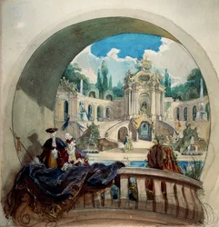 Dibujo preparatorio de la luneta del techo de la sala de audiencias del castillo real de Luis II en Linderhof