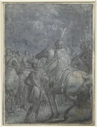 Comandante del ejército a caballo con otros jinetes, Grupo de ilustraciones similares con caballeros y jinetes (título de la serie)