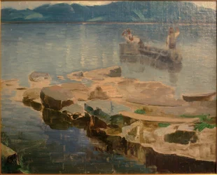 Lengua de roca en el Eibsee con pescadores