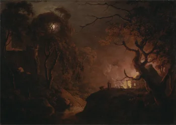 Casa en llamas por la noche