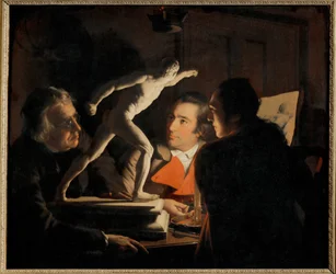 A la luz de una vela, tres hombres estudian un pequeño ... (pintura sobre lienzo)