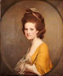 Retrato de Dorothy Hodges, medio cuerpo, con un vestido amarillo