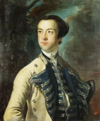 Retrato de Thomas Hanway, medio cuerpo, con un abrigo beige con adornos azules y plateados, y un chaleco azul y plateado, sosteniendo un sombrero bajo el brazo, en un paisaje